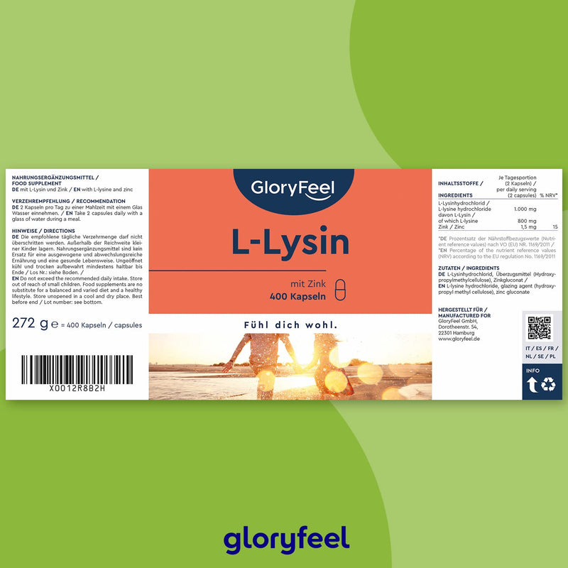 L-Lysine - 400 Vegan Capsules - 1,000 Mg Lysine High Dose Per Daily Dose - Essential Amino Acid With Zinc For Immune System & Skin, Hair, Nails - From Vegetable Fermentation - NewNest Australia