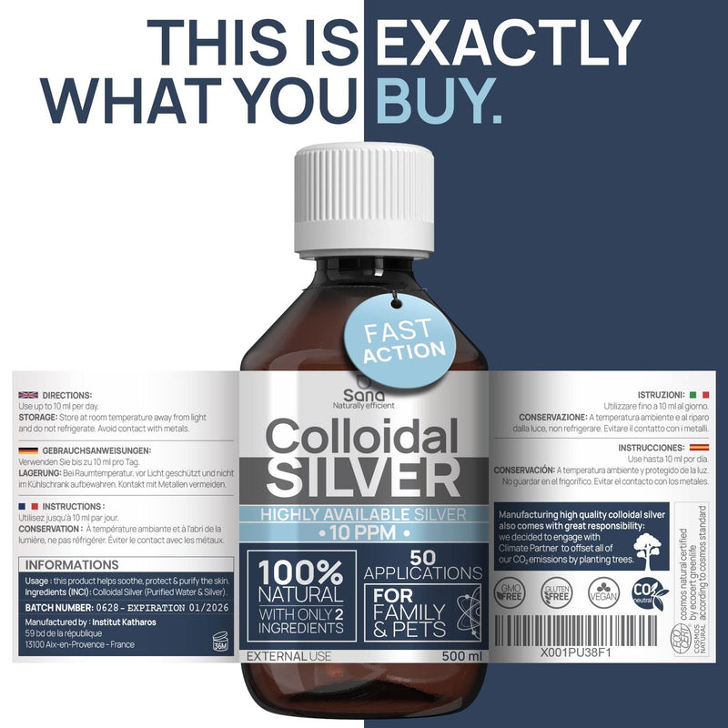 Colloidal silver 10ppm 500 ml ● Premium silver water Stronger than 25ppm ● For humans, dogs & cats ● Carbon neutral ● 100% natural with 2 ingredients 500.00 ml (pack of 1) - NewNest Australia