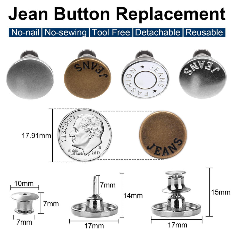 TOOVREN Upgraded 8 Sets Button Pins for Jeans Pants, No Sew Perfect Fit Jean Button Tightener Replacement Adjustable Reusable Metal Clips Snap Tack, Instant Reduce Too Big Pants Waist 8#A - NewNest Australia