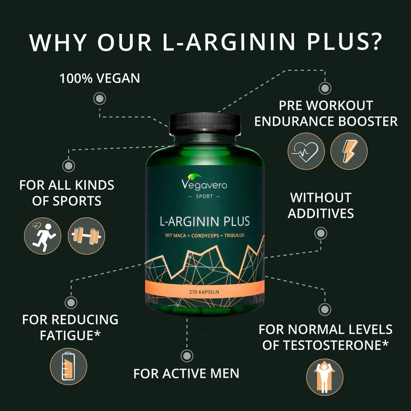 L-Arginine Complex Vegavero® | with Maca, Tribulus Terrestris, Zinc, Cordyceps & Vitamin C | 270 Vegan Capsules | NO Additives, Gelatine or Bulkin Agents - NewNest Australia