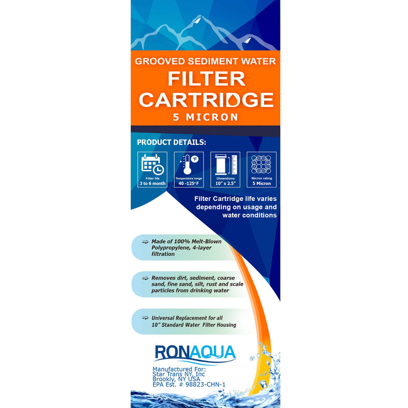 Grooved Sediment Water Filter Cartridge by Ronaqua 10"x 2.5", Four Layers of Filtration, Removes Sand, Dirt, Silt, Rust, made from Polypropylene (6 Pack, 5 Micron) - NewNest Australia