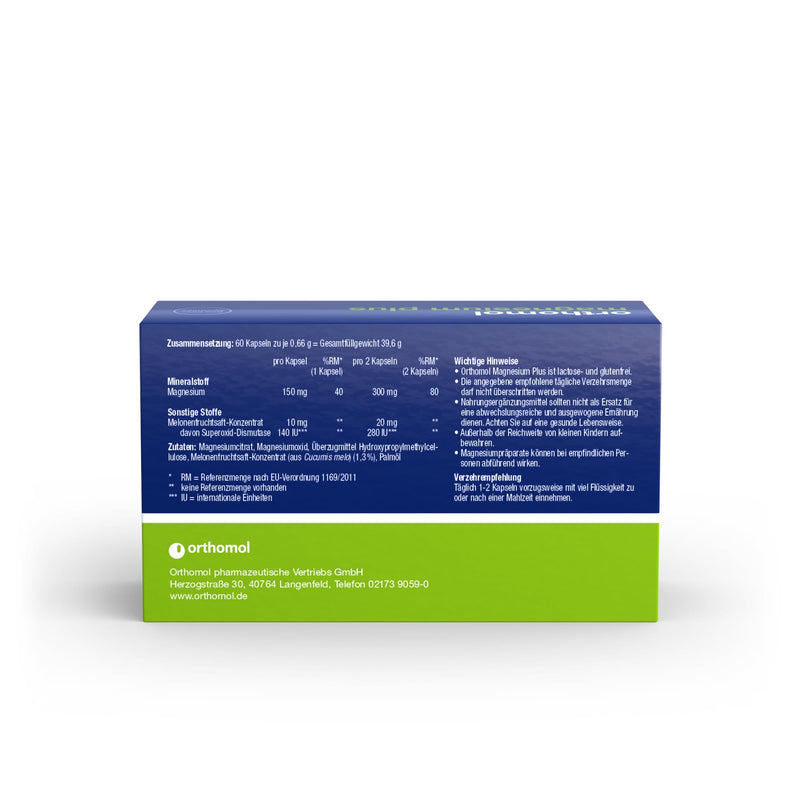 Orthomol Magnesium Plus - For Normal Muscle Function - With 150 Mg Magnesium Per Capsule And Superoxide Dismutase From Melon Fruit Juice Concentrate - 60 Capsules - NewNest Australia