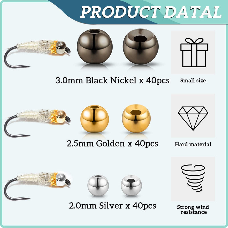 Skylety 120 Pieces Fly Tying Beads with a Plastic Box Tungsten Beads Round Ball Beads Head Ball Fly Tying Materials Black Nickel, Gold, Silver 3.0 mm, 2.5 mm, 2.0 mm - NewNest Australia