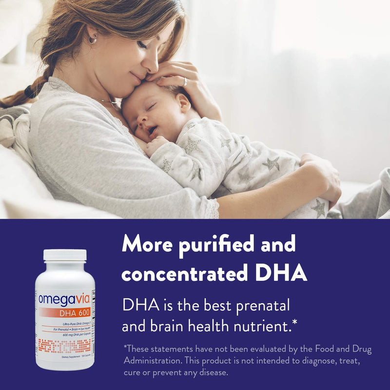 OmegaVia DHA 600 mg - Ultra-Pure DHA Supplements, Omega-3 for Brain & Eyes - Prenatal DHA Omega 3 Nutrient for Prenatal, Pregnant, and Nursing Women - Burpless, IFOS Tested for Mercury - 120 Capsules - NewNest Australia