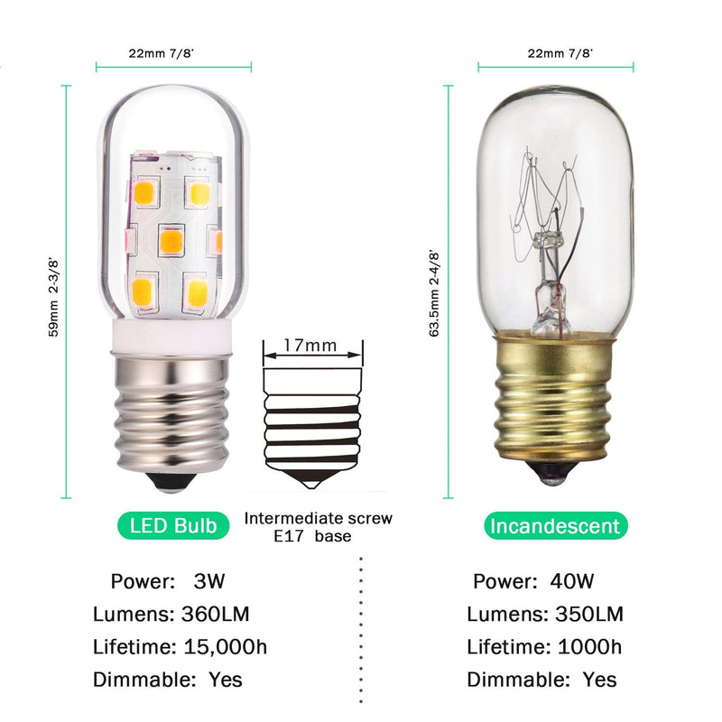 LED Microwave Light Bulb Over Stove Appliance Replacement 40W Incandescent for Refrigerator, Range Hood E17 Intermediate Base 3W 360lm dimmable Warmwhite 3000K Pack of 2 Warm White 3000K 2pcs - NewNest Australia