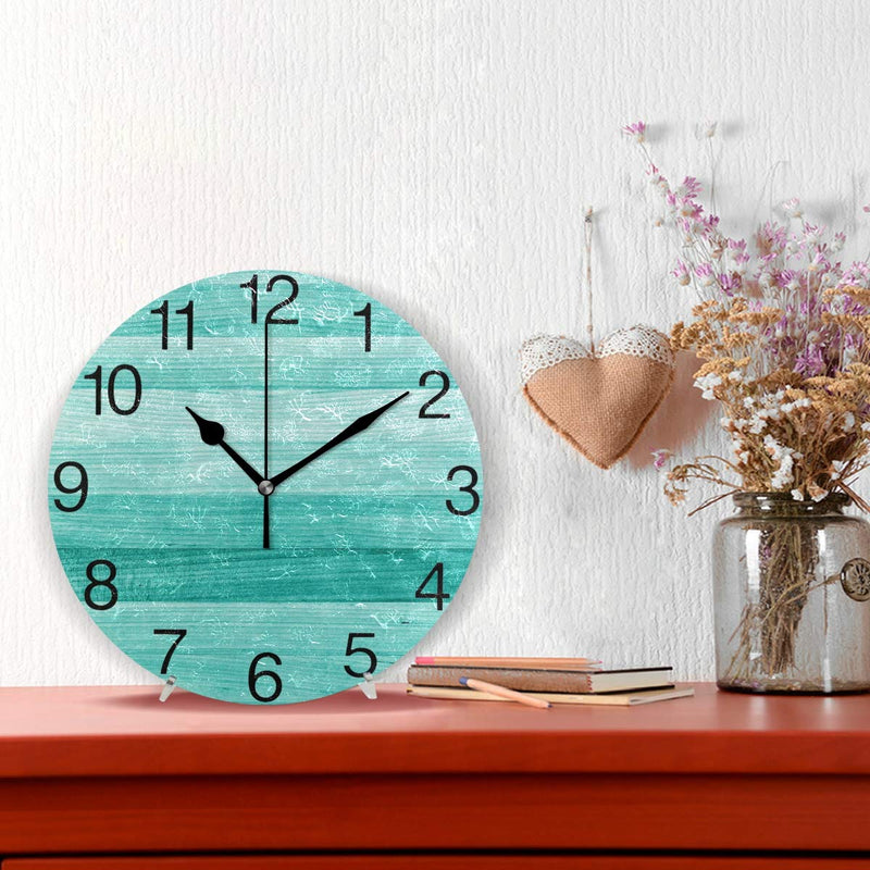 NewNest Australia - senya Teal Turquoise Green Wood Round Wall Clock, Silent Non Ticking Oil Painting Decorative for Home Office School Clock Art 