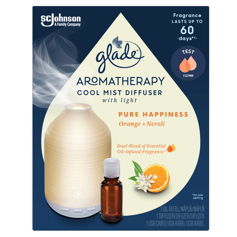 Glade Essential Oil Diffuser Holder & Refill, Cool Mist Aromatherapy Diffuser & Air Freshener for Home, Pure Happiness with Orange & Neroli Scent, 17.4ml Pure Happiness (1 Holder & 1 Refills) - NewNest Australia