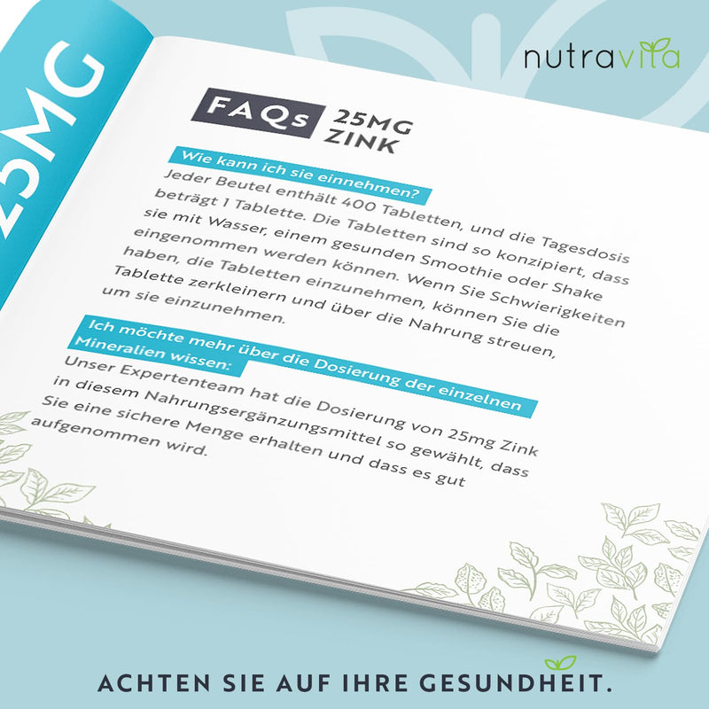 Zinc Tablets 25mg - 400 Vegan Tablets - High Dose Zinc, Without Unnecessary Additives - For Maintaining a Normal Immune System, Cognitive Function, Bones, Hair & Skin - Nutravita - NewNest Australia