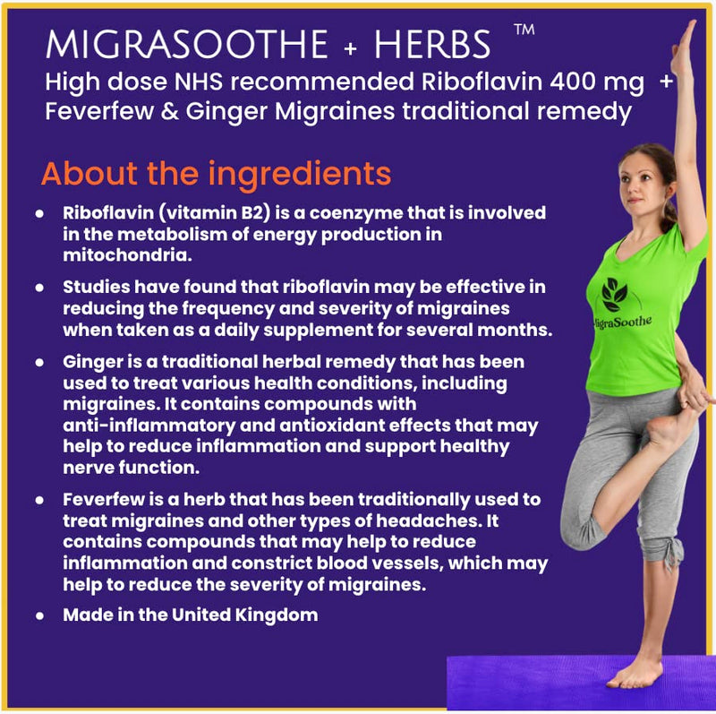 Migraine Relief Feverfew + Ginger + Vitamin B2 Riboflavin 400mg per Capsule - Migrasoothe + Herbs NHS Recommended Ingredients UK Made Stress, Headaches Tremors & Energy Vegan. Vitamin B2 400 [30] 30 - NewNest Australia