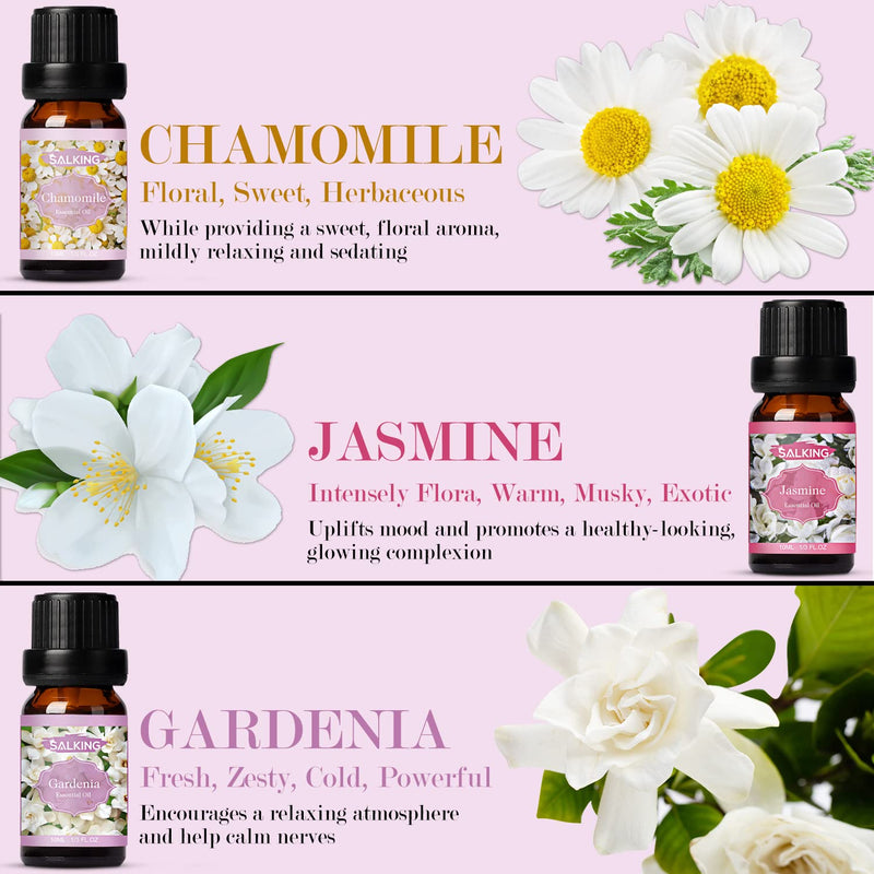 Salking Essential Oils Set, Aromatherapy Fragrance Oil Gift Set, 100% Pure Fragrance Oils For Diffusers, Humidifier, Massage, 6 X 10 Ml (Lavender, Rose, Cherry Blossom, Jasmine, Gardenia, Chamomile) - NewNest Australia
