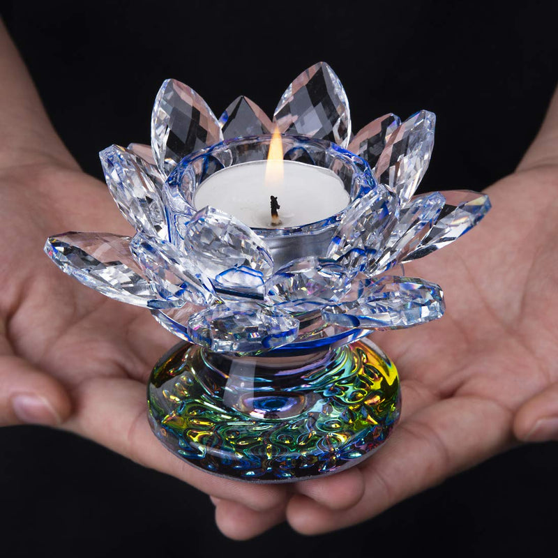 NewNest Australia - H&D HYALINE & DORA Blue Crystal Lotus Flower Candle Holder Crystal Tealight Candle Holder,4.3Inch 4.3in Blue Crystal Lotus Candle Holder 