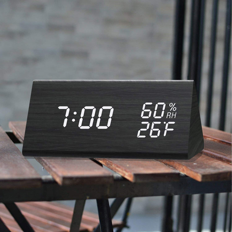 NewNest Australia - Digital Alarm Clock, with Wooden Electronic LED Time Display, 3 Alarm Settings, Humidity & Temperature Detect, Wood Made Electric Clocks for Bedroom, Bedside, Black 