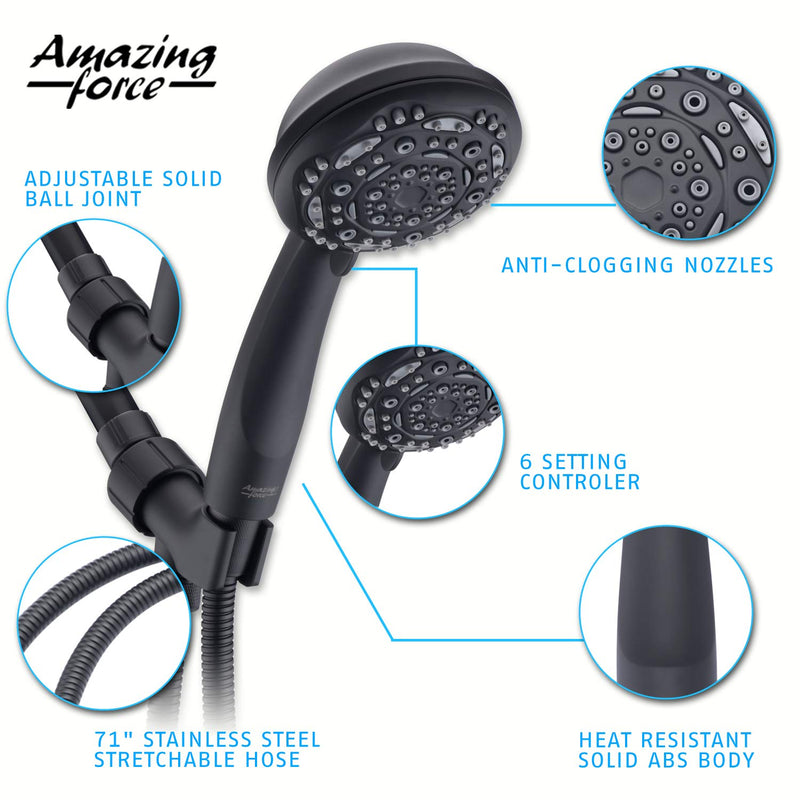 Amazing Force High Pressure Handheld Shower Heads with 7 Spray Setting Massage Spa Showerhead with Adjustable Suction Cup and Bracket 4" Handheld Shower Heads with Extra Long Hose 71 inch(6 feet)Black Black - NewNest Australia