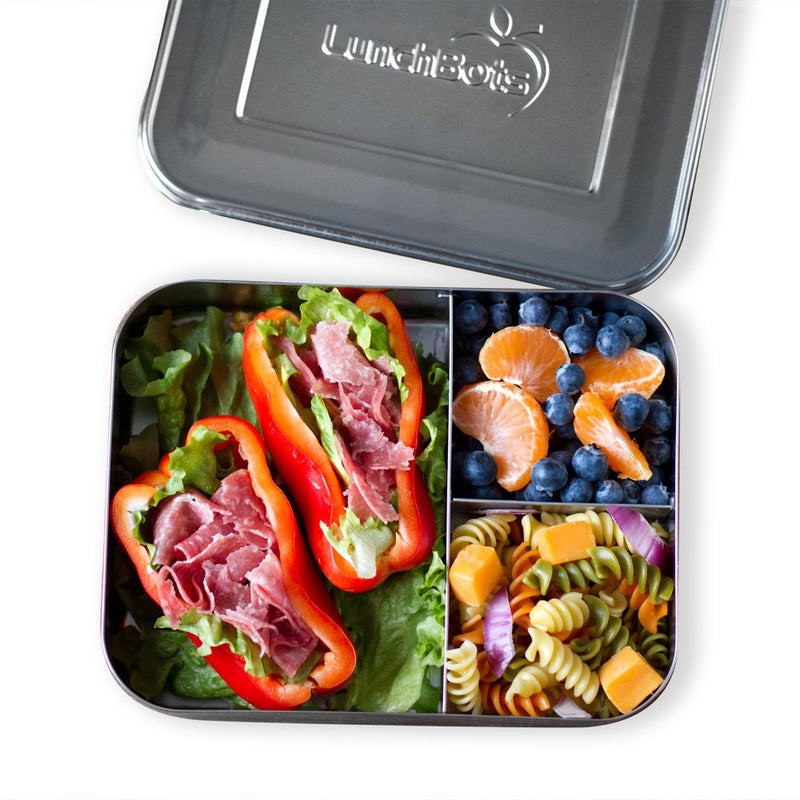 NewNest Australia - LunchBots Large Trio Stainless Steel Lunch Container -Three Section Design for Sandwich and Two Sides - Metal Bento Lunch Box for Kids or Adults - Eco-Friendly - Stainless Lid - All Stainless 