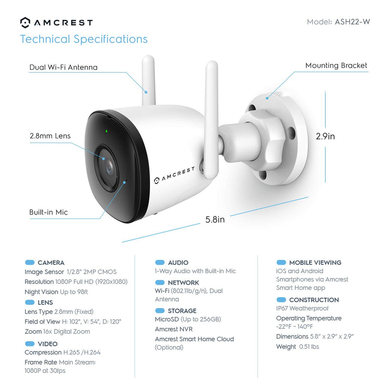 Amcrest 1080P WiFi Camera Outdoor, Smart Home 2MP Bullet IP Security Camera Outdoor Wireless, 98ft Nightvision, Built-in Mic, 102° FOV, 256GB MicroSD Storage (Sold Separately), ASH22-W (Wired Power) - NewNest Australia