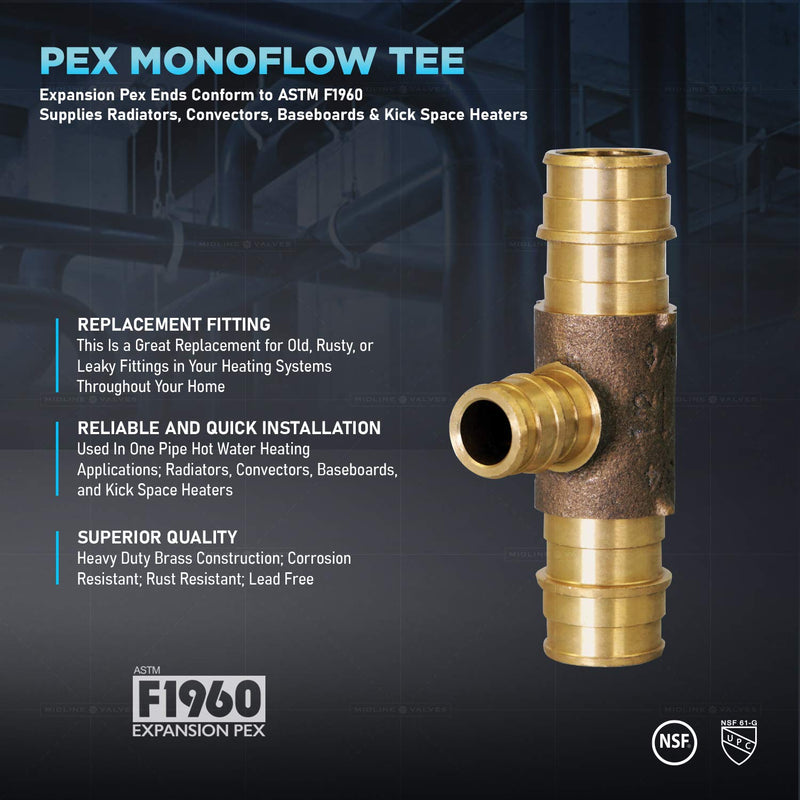 Midline Valve S1228 Monoflow Tee Pipe Fitting for Hydronic Heating Applications 3/4 in. x 1/2 in. Pex Connections Brass - NewNest Australia