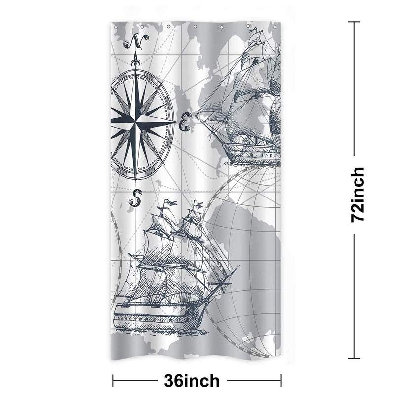 Riyidecor Stall Nautical Sailboat Map Shower Curtain 36Wx72H Inch Boys Boat Sketch Ship Wheel Compass Anchor Decor Fabric Polyester Waterproof Fabric 7 Pack Plastic Hooks White Grey - NewNest Australia