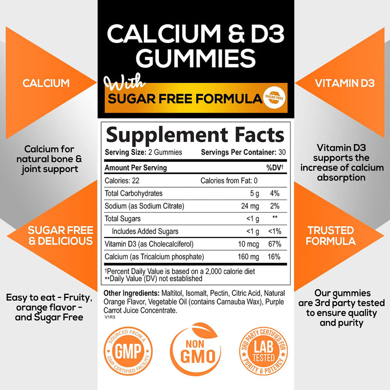 Calcium Gummies Sugar Free with Vitamin D3 - Highly Concentrated Calcium Carbonate and Vitamin D Gummy Chews Support Bones and Teeth - Non-GMO, Tasty Orange Flavor, for Everyone - 60 Gummies 60 Count (Pack of 1) - NewNest Australia