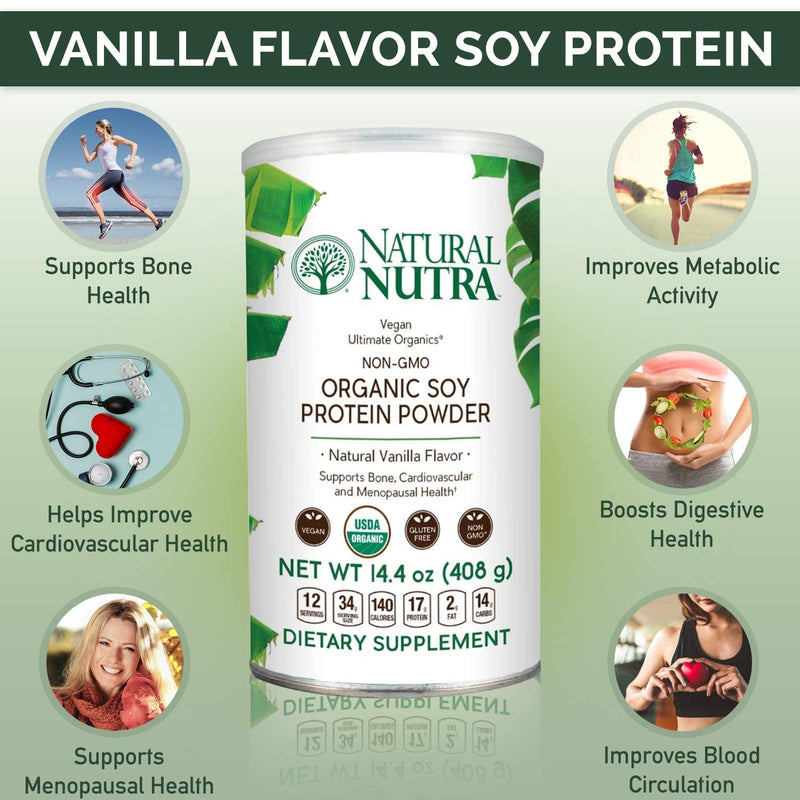 Natural Nutra Organic Vegan Plant-Based Soy Protein Powder, Supports Bone and Improves Blood Circulation & Cardiovascular Health, Gluten Free, Non GMO, Sugar-Free 14.4 OZ - NewNest Australia