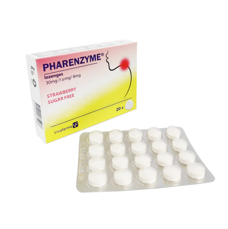 PHARENZYME, Strawberry Sugar Free - 20 lozenges - Sore Throat Relief - Enzyme-Active Tablets - Relieves Sore Throat - Clears runny Nose - Anti-inflammatory and Pain-Relieving Effect - NewNest Australia