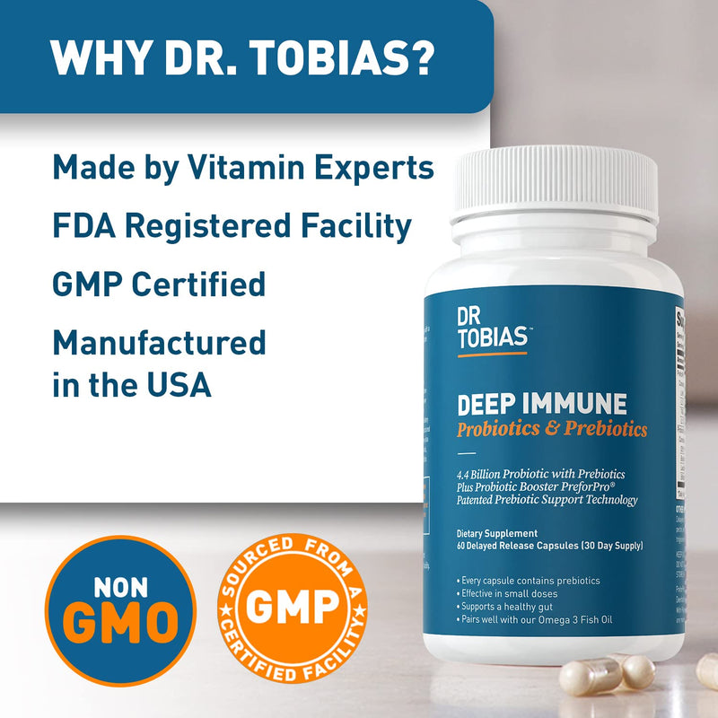 Dr. Tobias Deep Immune Probiotics & Prebiotics for Women & Men – 4.4 Billion CFUs, Helps Support Digestive & Gut Health, Immune Strength & Absorb Nutrition – 2 Daily, 60 Capsules (30 Day Supply) - NewNest Australia