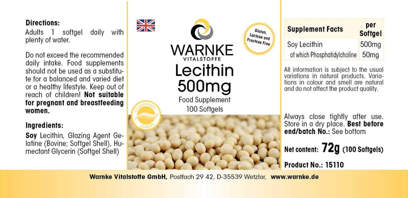 Lecithin 500mg - from soy - GMO-free - high dosage - 100 softgels | Warnke vital substances - NewNest Australia