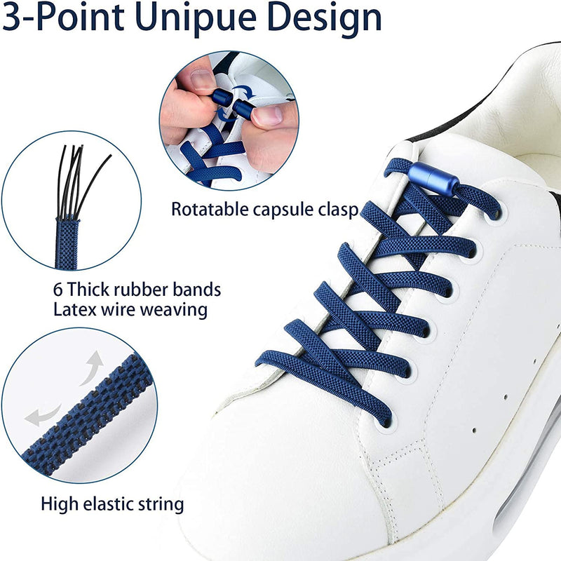 No Tie Elastic Shoelaces - Flat Stretch Shoe Laces with Metal Buckles, Elastic Shoelaces Replacement for Sneakers Kids / Adults Adjustable Laces, Rubber Tieless Laces Elastic for All Shoes 100 Navy - NewNest Australia