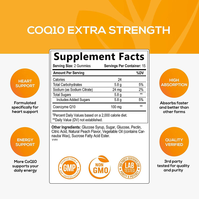 CoQ10 Gummies - Peach Gummy Vitamins with High Absorption Coenzyme Q10 100mg - Natural Antioxidant Dietary Supplement for Heart Health Support - 30 Gummies 30 Count (Pack of 1) - NewNest Australia