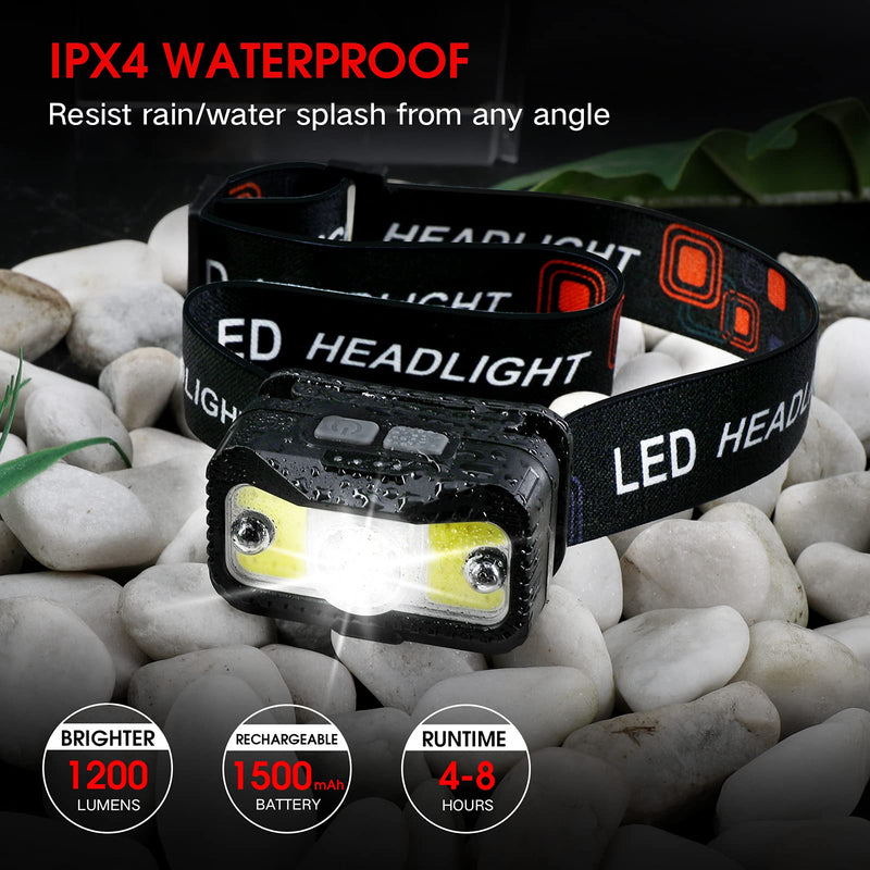 Headlamp Rechargeable, MIOISY 1200 Lumen Ultra Bright LED Head Lamp Flashlight with White Red Light, 2 Pack Motion Sensor Waterproof Headlight, 8 Modes Head Lights for Outdoor Camping Fishing Running - NewNest Australia