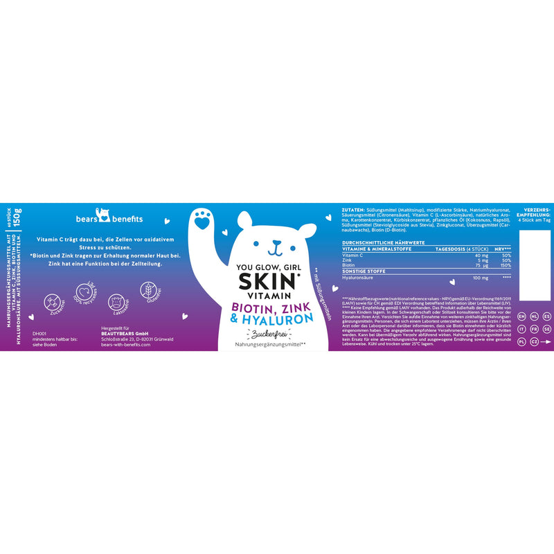 Hyaluronic gummy bears - radiant skin with 100 mg of high-dose hyaluronic acid, vitamin C, zinc, biotin - 60 pieces - sugar-free vitamin gummies - Bears with Benefits - NewNest Australia