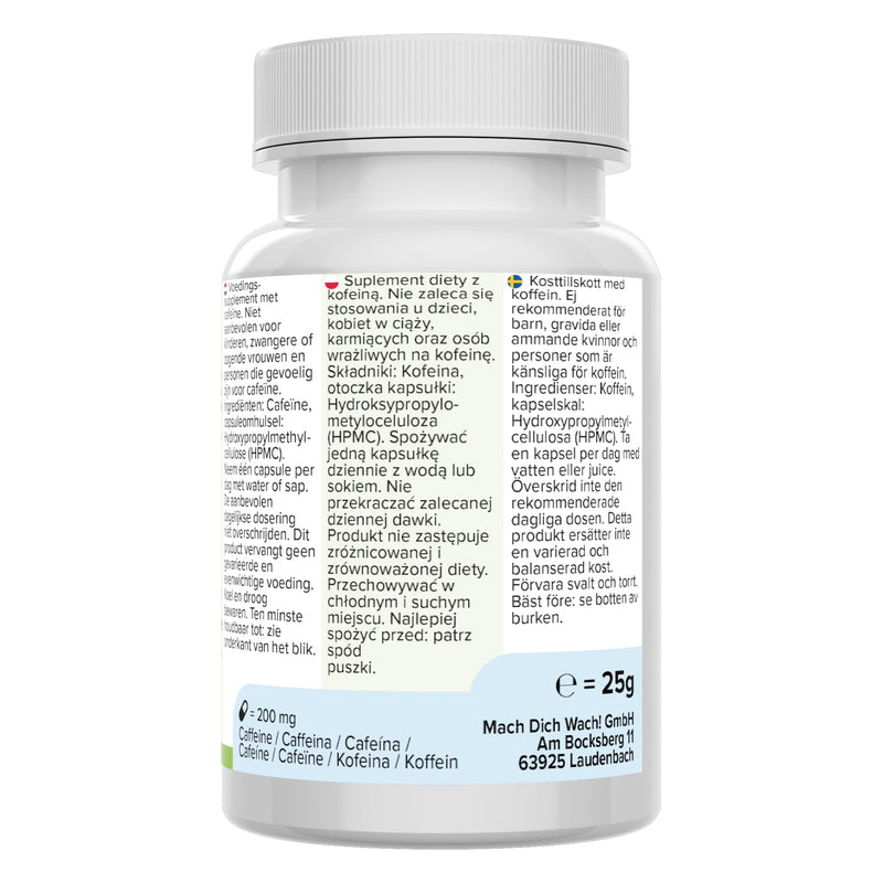 Caffeine Capsules ‚ Wake Up.  ‚ 200Mg Caffeine ‚ Quality From Germany. No Additives. 100% Money Back Guarantee ‚ Deutsche Laboratory Analytik ‚ 100% Pure Caffeine ‚ Rapid Action. - NewNest Australia