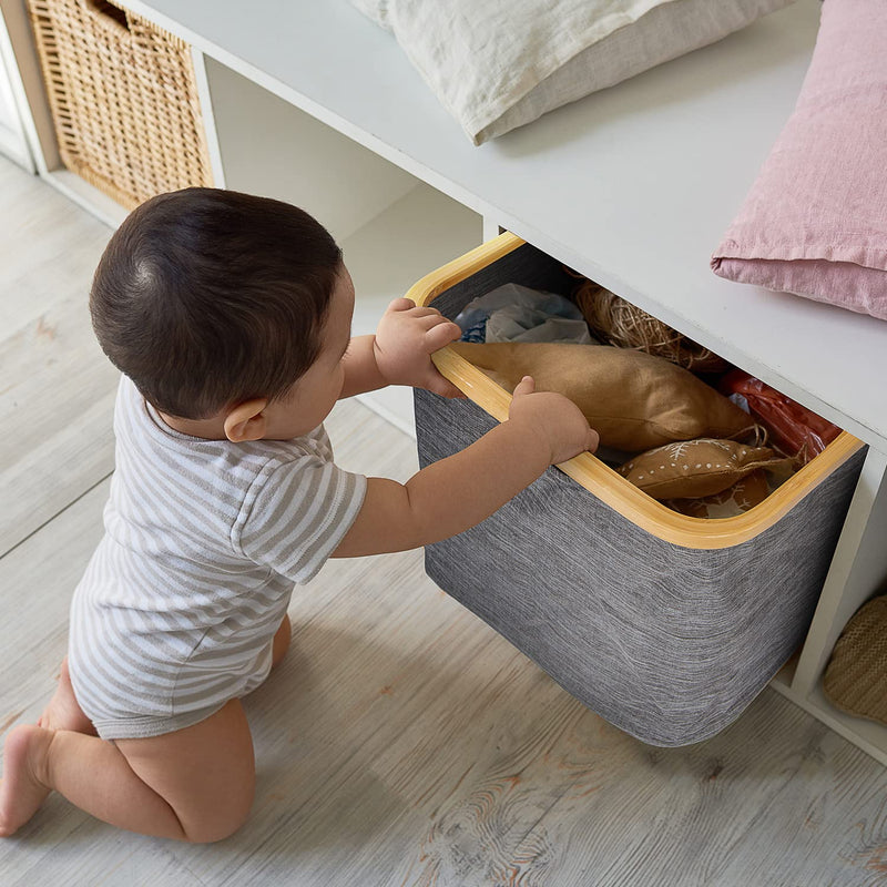 Naturoom 44L Bamboo Storage Basket | Laundry Hamper, Folding Bamboo Frame Fabric Shelf Basket With Handles, Large Cube Organizer Perfect For Bathroom, Bedroom Dirty Clothes/ Towels/ Blankets/ Toys Storage Bin - NewNest Australia