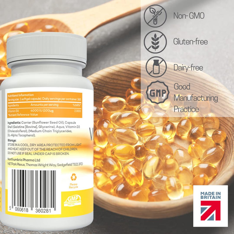 Vitamin D 4000iu - 365 High Strength Easy to Swallow Premium Softgels - 1 Year Supply (1 per Day) - Maximum Strength Vitamin D3 Cholecalciferol Supplement - Manufactured in The UK - NewNest Australia