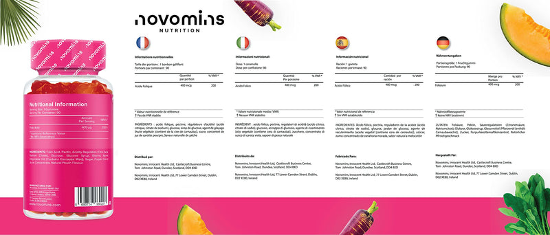 Folic Acid Gummies – Folic Acid 400mcg - 3 Month Supply – Vegan – Gluten Free – Pregnancy Care – Prenatal Health & Maternal Tissue Growth During Pregnancy – Made by Novomins - NewNest Australia