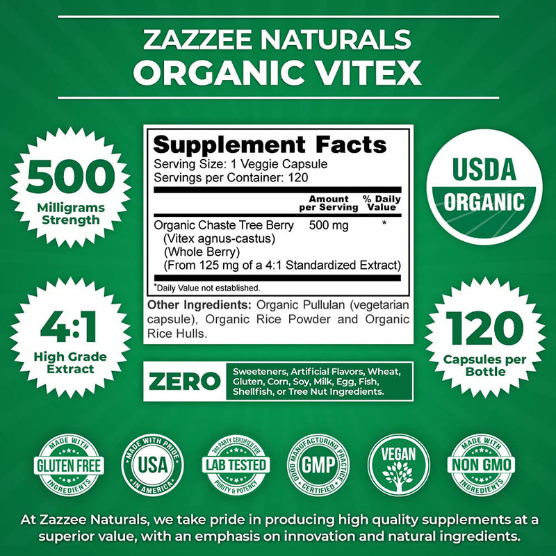Zazzee USDA Organic Vitex, 500 mg Strength, 120 Vegan Capsules, USDA Certified Organic, Potent 4:1 Extract, Made from Whole Organic Chaste Berry, Vegan, All-Natural and Non-GMO - NewNest Australia