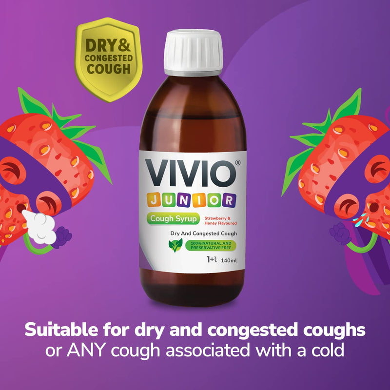 VIVIO Junior Cough Syrup - A Strawberry and Honey Flavour Preservative Free and Natural Cough Syrup for Dry and Congested Coughs in Children Aged 1 Year and Over - 140 ml - NewNest Australia