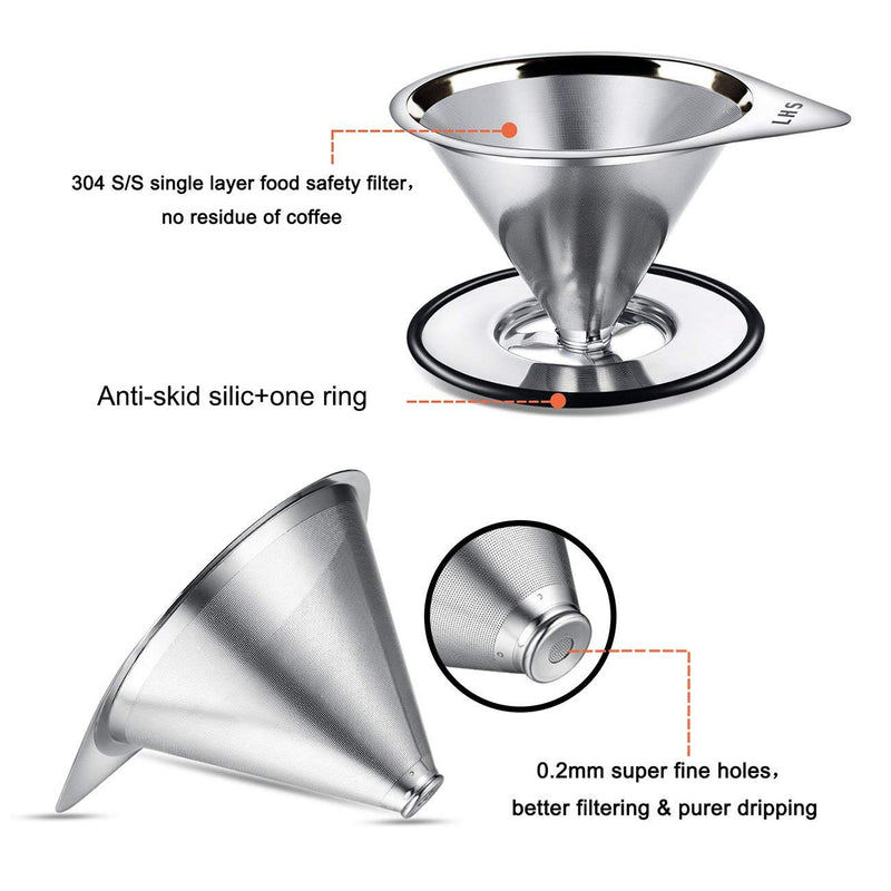 Pour Over Coffee Dripper Stainless Steel LHS Slow Drip Coffee Filter Metal Cone Paperless Reusable Single Cup Coffee Maker 1-2 Cup With Non-slip Cup Stand and Cleaning Brush 1-2 cups - NewNest Australia