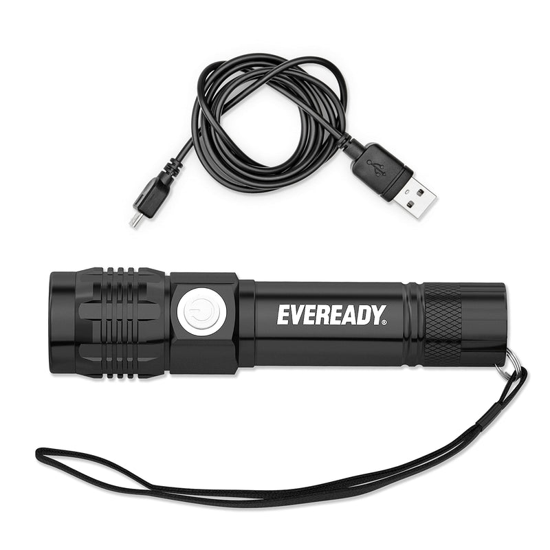Eveready Rechargeable Flashlight, Rugged Aluminum Build, IPX4 Water Resistant, LED Flashlight, Micro UB Charging Cable Included, Black, One Size - NewNest Australia