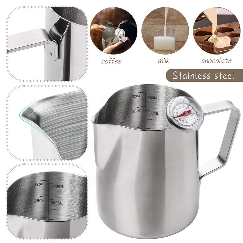 WXJ13 Milk Jug 900ml/32OZ, Stainless Steel Milk Frothing Pitcher, Milk Thermometer with Clip, Powder Shaker with Lid and Latte Art Pen for Hot Chocolate Cappuccino Coffee Latte Art Maker - NewNest Australia