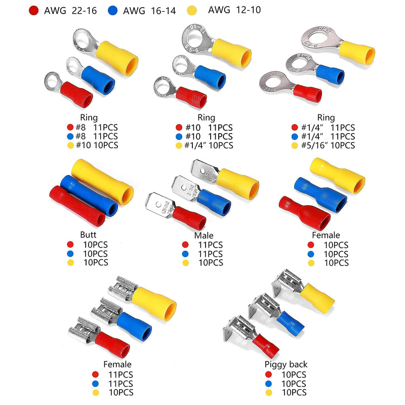 Ginsco 250Pcs Insulated Wire Connectors Assorted Crimp Terminal Kit - Quick Disconnect Ring Spade Butt Splices Piggy Back - NewNest Australia