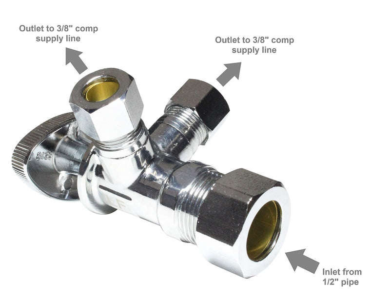 Dual Compression Outlet Angle Stop Valve, Plumbing Fitting, Quarter Turn, Single Handle Independent Multi-Select Positions, Water Valve Shut Off 1/2" NOM (5/8" OD) x (3/8 inch x 3/8 inch) 3/8x3/8 Outlet - NewNest Australia