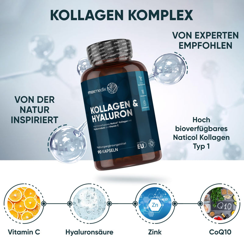 Maxmedix Collagen Hyaluronic Acid Capsules - 90 Capsules - 1200 Mg Naticol Sea Collagen Hydrolysate Powder With Vitamin C, Coenzyme Q10 (Coq10) & Zinc - Laboratory Tested In Germany - Collagen Complex - NewNest Australia