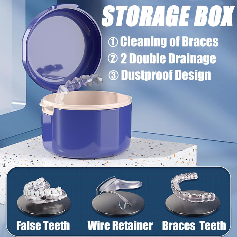 Denture Brush Set, Denture Container, Denture Bath Box, Denture Box With Mirror, With 2 X Aligner Removal Tools For Braces Or Dentures, Cleaning And Storing For Travel, Blue - NewNest Australia