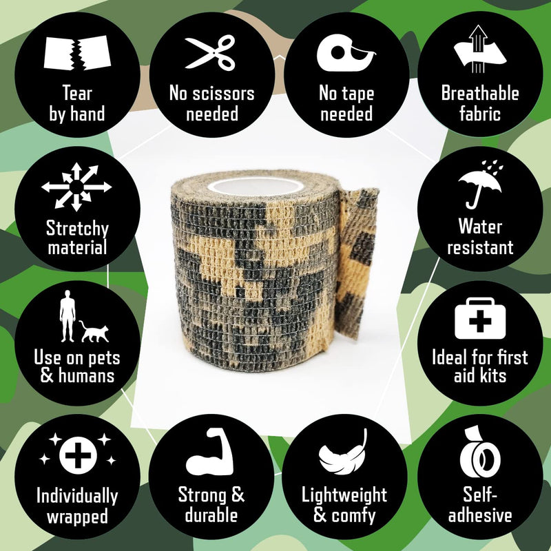 Inksafe Camouflage Assorted Colours Self Adherent Cohesive Bandages 5cm x 4.5m Box of 12 - Uses Include Tattoo Grip Wrap, Vet Wrap, Tape for Wrist and Ankle Sprains - NewNest Australia