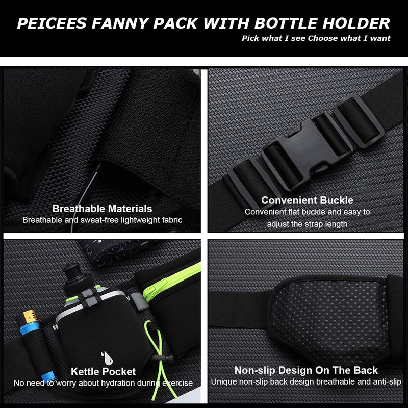 Peicees Running Belt with 2 Water Bottles, Multifunctional Zipper Pocket Adjustable Strap Water Resistant Waist Bag Fanny Pack Waist Pack Phone Holder Pouch for Running Hiking Cycling Climbing Runners Green with 2 water bottles - NewNest Australia