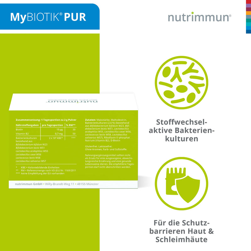 nutrimmun MyBIOTIK® PUR (30 x 2 g) powder - dietary supplement with a special complex of metabolically active bacterial cultures, biotin and vitamin B2 - for skin and mucous membranes 30 portions (pack of 1) - NewNest Australia