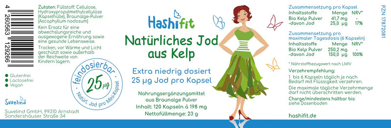 Extra low dosage - 25µg natural iodine from kelp - 120 mini capsules - can be finely dosed in small, fine doses for iodine sensitivity and thyroid Hashimoto - NewNest Australia