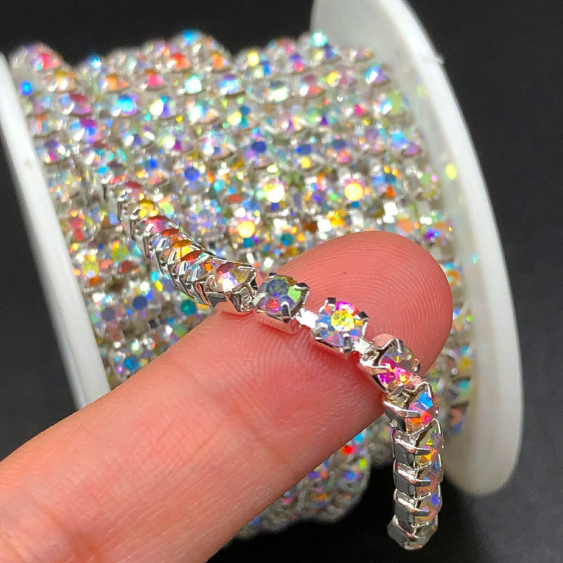 Towenm 1 Roll 5 Yards Large Crystal Rhinestones Close Chain, 4mm Rhinestone Chain, Sew on Crystal Rhinstone Chain Trim, Crystal Claw Cup Chain Roll (Silver Base + Crystal AB, SS16 / 4.0mm) Silver Base + Crystal AB - NewNest Australia