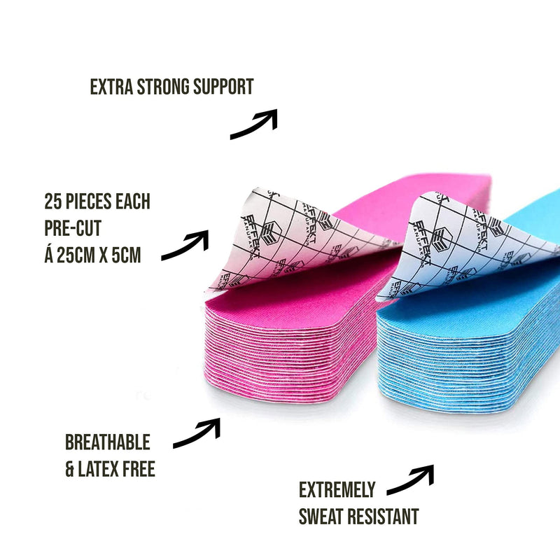 Effekt Pre Cut Kinesiology Tapes Waterproof (25 cm x 5 cm), 50 Strips - Elastic Physio Tape for Muscle Support and Injury Recovery, Medical Tape (Blue + Pink) 25x Light Blue + 25x Pink - NewNest Australia
