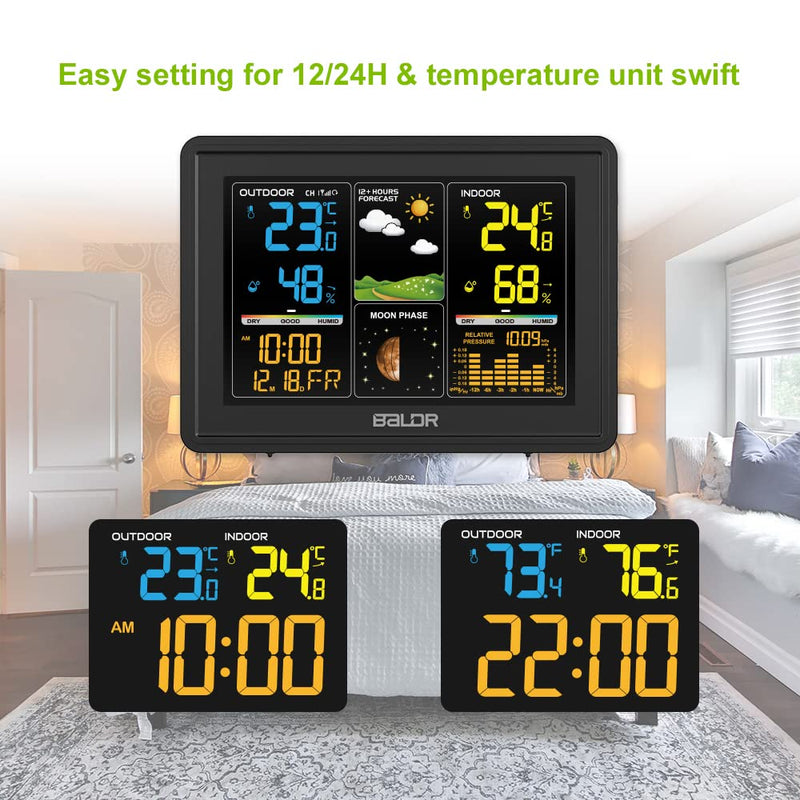 Baldr Wireless Home Weather Station with Indoor Outdoor Thermometer and Humidity Monitor,12-24 Hour Weather Forecast, Moon Phase Display, Atomic Time and Date, Barometric History, and More --Black - NewNest Australia